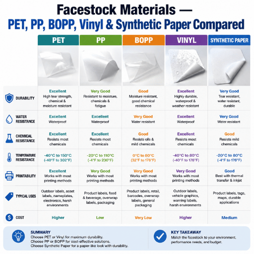 Facestock Materials — PET, PP, BOPP, Vinyl & Synthetic Paper Compared