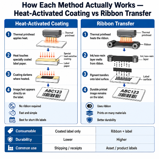 How Each Method Actually Works — Heat-Activated Coating vs Ribbon Transfer
