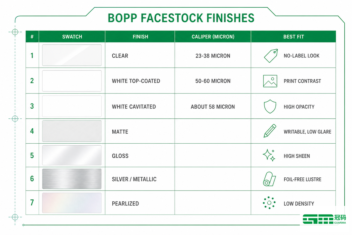 BOPP Facestock Finishes: Clear, White, Matte, Gloss, Silver, and Pearlized — Guanma
