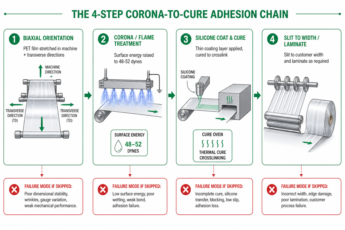How PET Film Release Liner Is Made — The 4-Step Corona-to-Cure Adhesion Chain — Guanma
