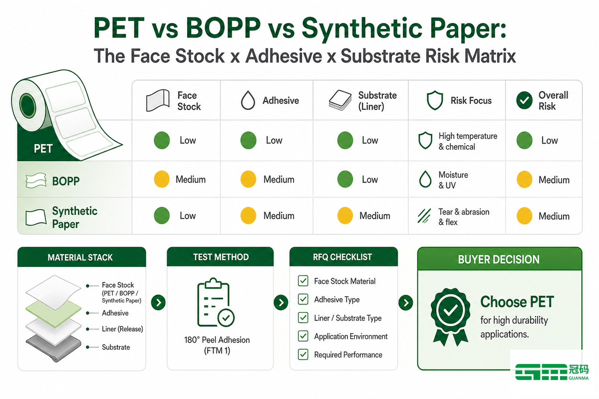 PET vs BOPP vs Synthetic Paper: The Face Stock x Adhesive x Substrate Risk Matrix — Guanma