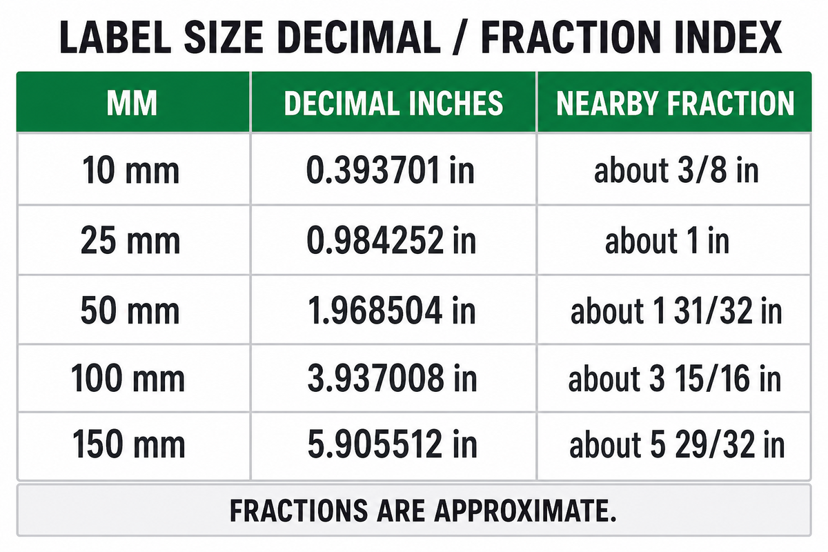 Common mm-to-inch label dimensions — Guanma