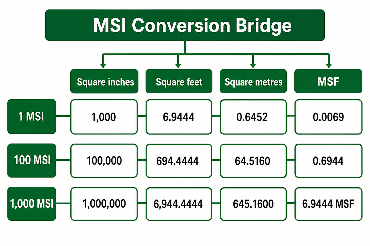 Convert MSI to square feet, square metres and MSF