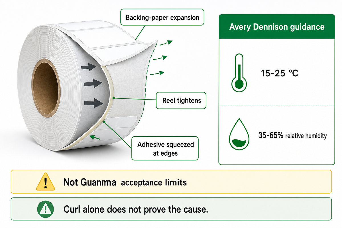 Avery Dennison's 15–25 °C and 35–65% humidity guidance is material-specific, not Guanma acceptance limits.