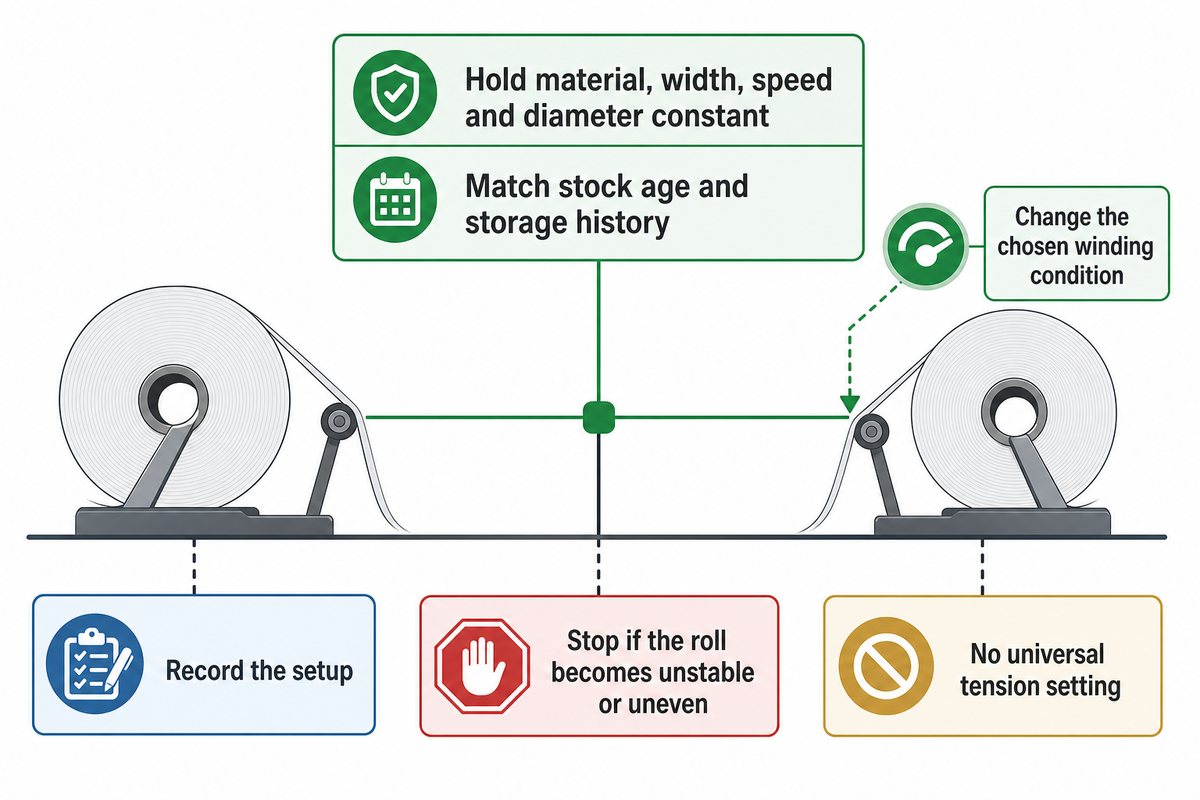 Compare matched rolls while changing the chosen winding condition; stop if roll handling becomes unstable.