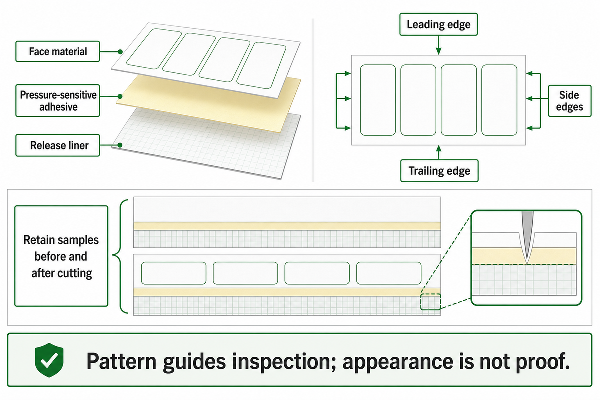 Mark leading, trailing and side edges; compare retained samples before and after cutting to inspect the residue pattern.