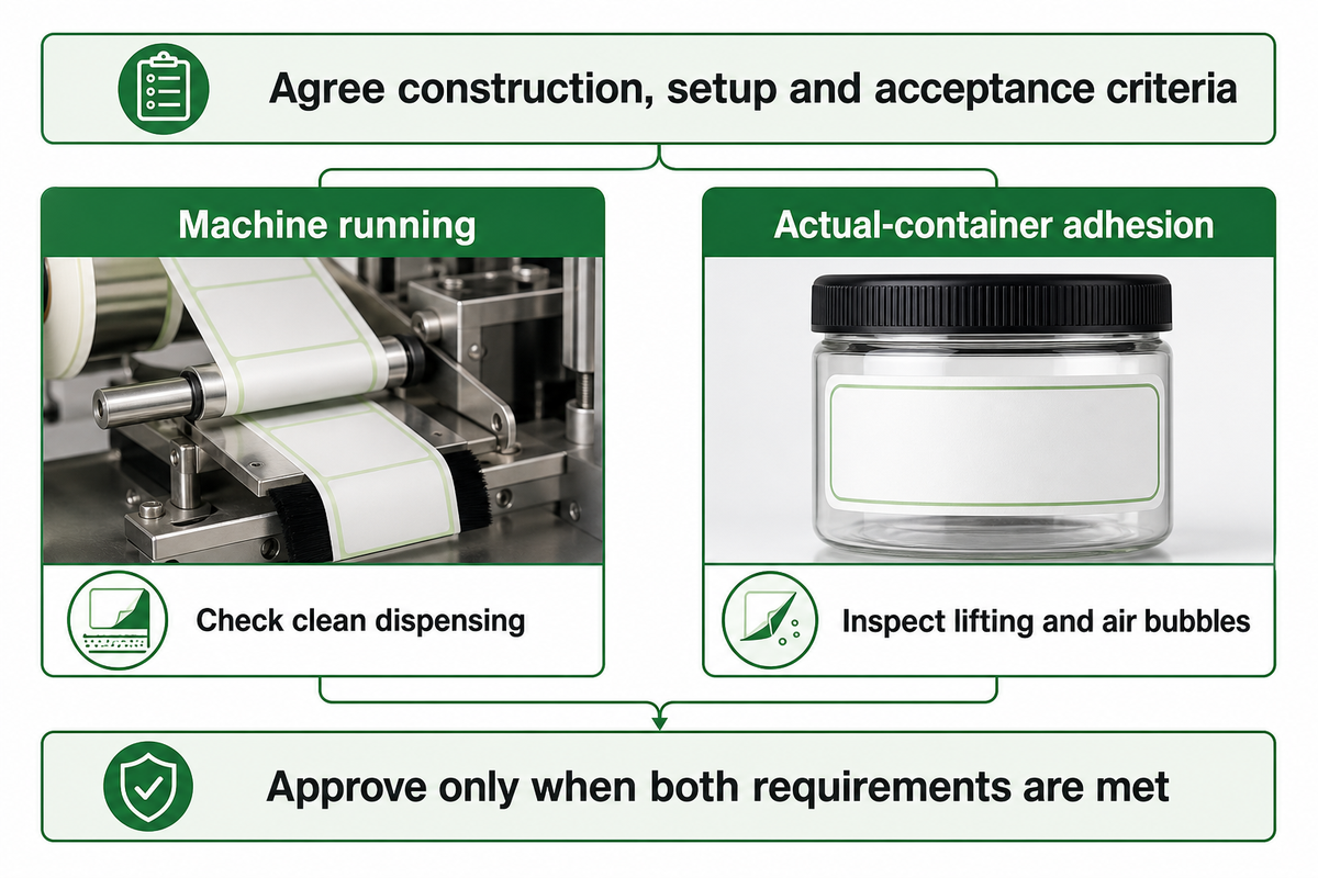 Approve replacement labelstock only after matched trials meet both machine-running and actual-container bond requirements.