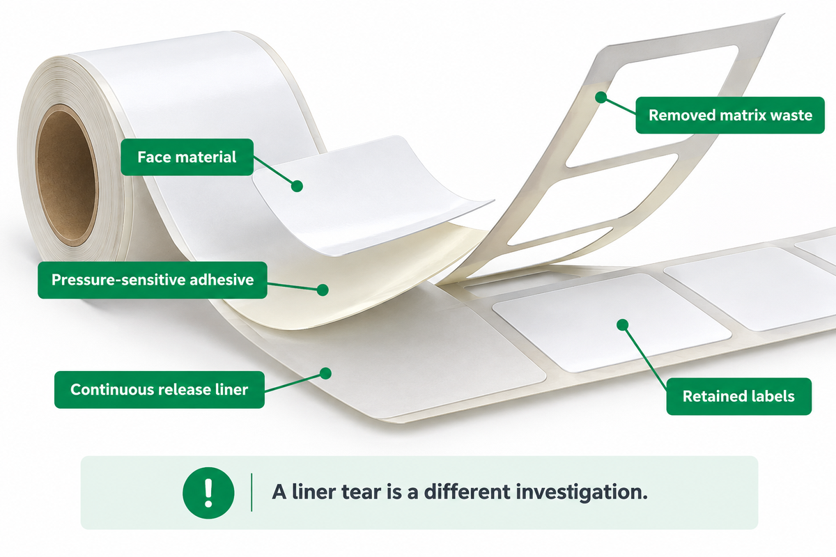 Cutaway showing face-and-adhesive matrix waste lifting away while retained labels remain on a continuous release liner.