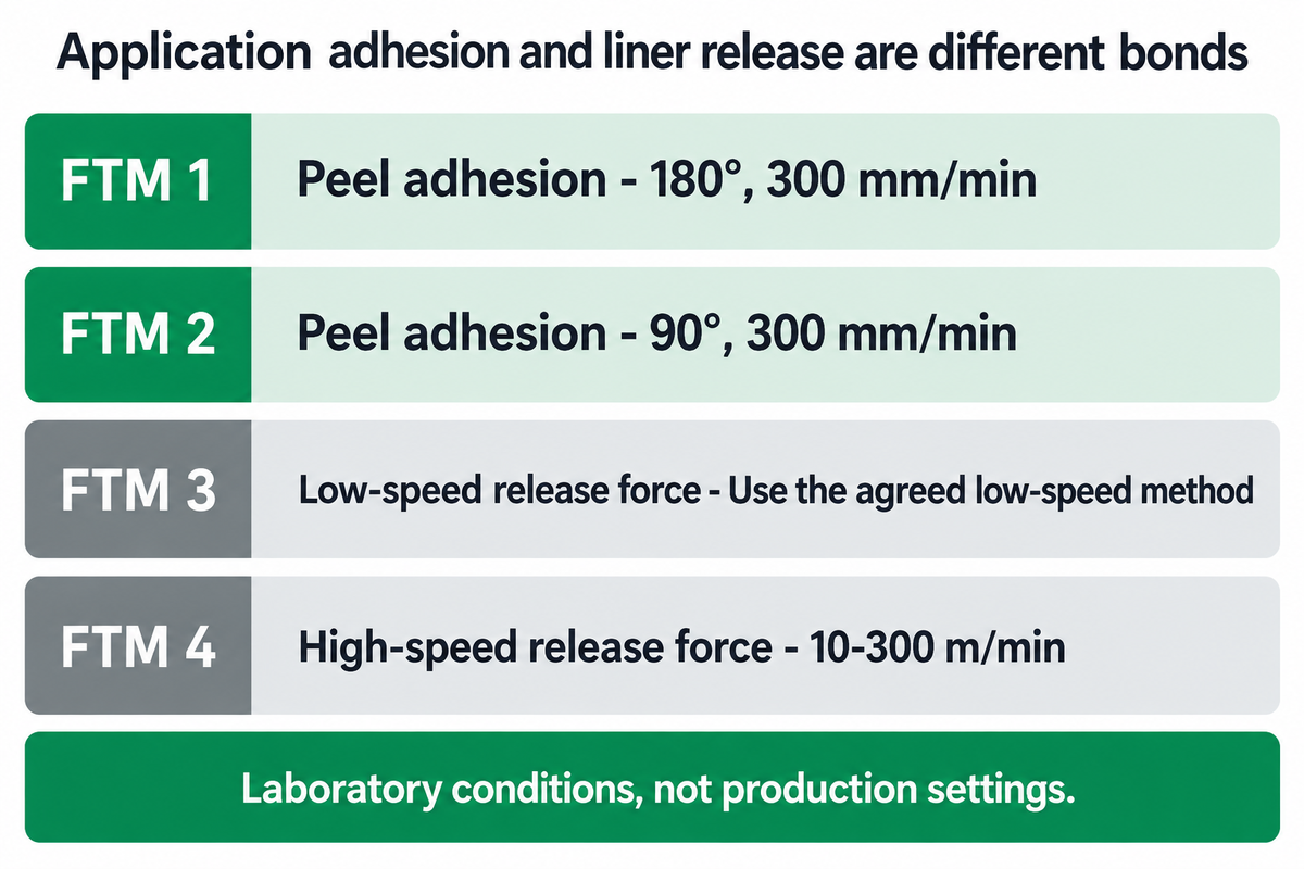 FINAT comparison separates FTM 1 and 2 peel adhesion from FTM 3 and 4 liner release; test conditions are not press settings.