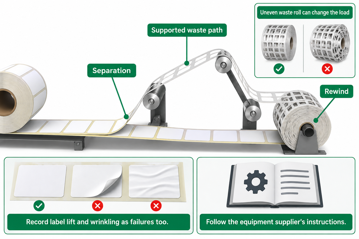 Support waste from separation to rewind; check label lift and wrinkles, following equipment-specific instructions.