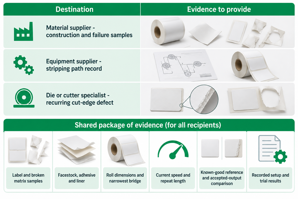 Send material samples, stripping-path records and cut-edge defects to the relevant supplier with shared trial evidence.