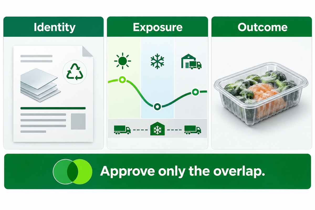 Shows the three simultaneous matching conditions rather than equating a freezer setting with approval.