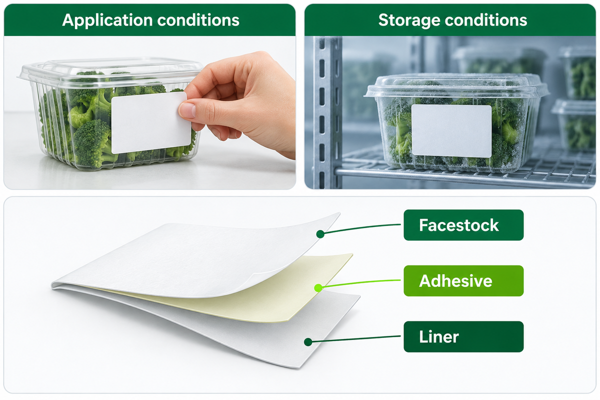 Separates application from storage and depicts the complete three-part label construction.