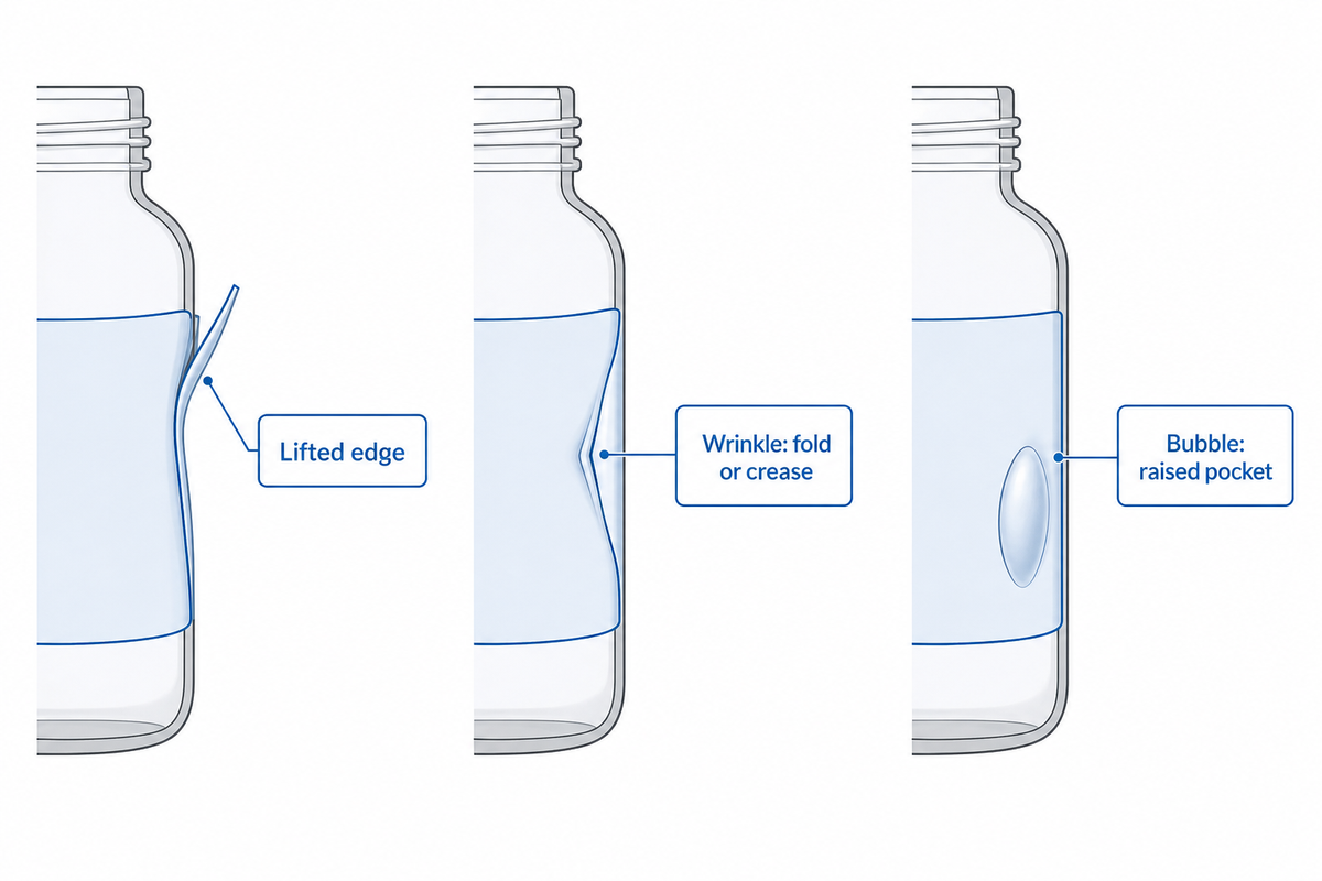 An edge lift differs from a wrinkle or trapped bubble; record the actual defect before choosing a remedy.