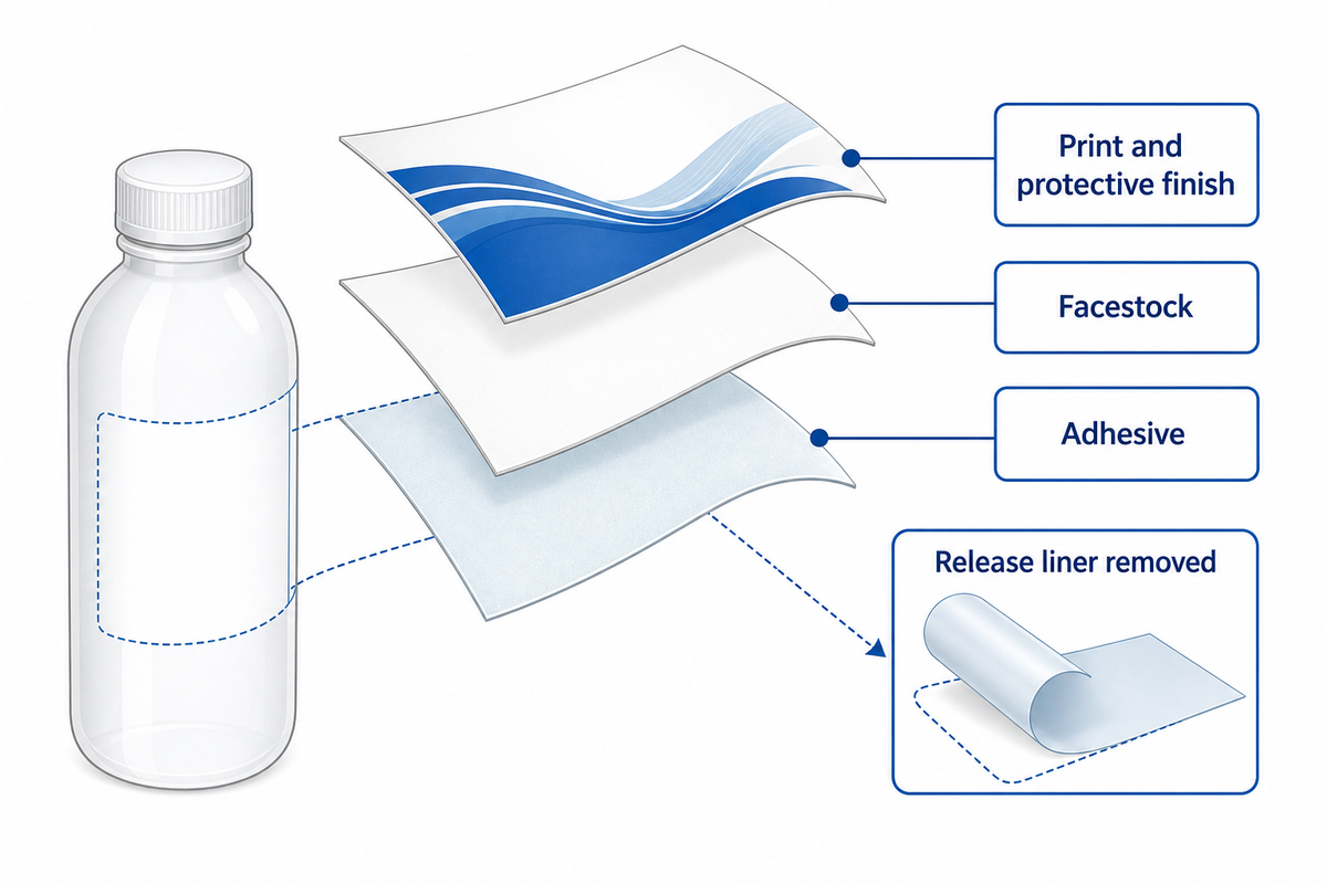 The liner is removed before application; test the facestock, adhesive, print and finish as the finished construction.