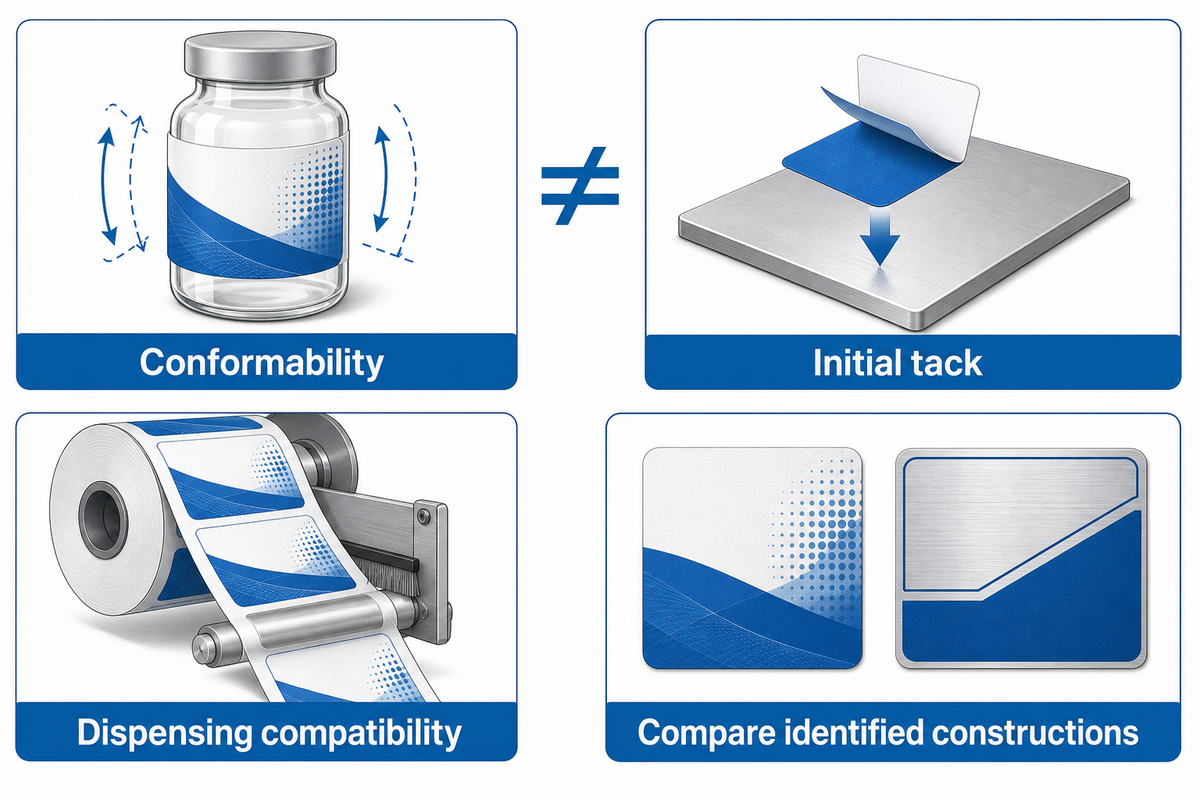 Higher tack alone does not establish curved-label performance; ASTM D6195 notes backing effects on tack results.