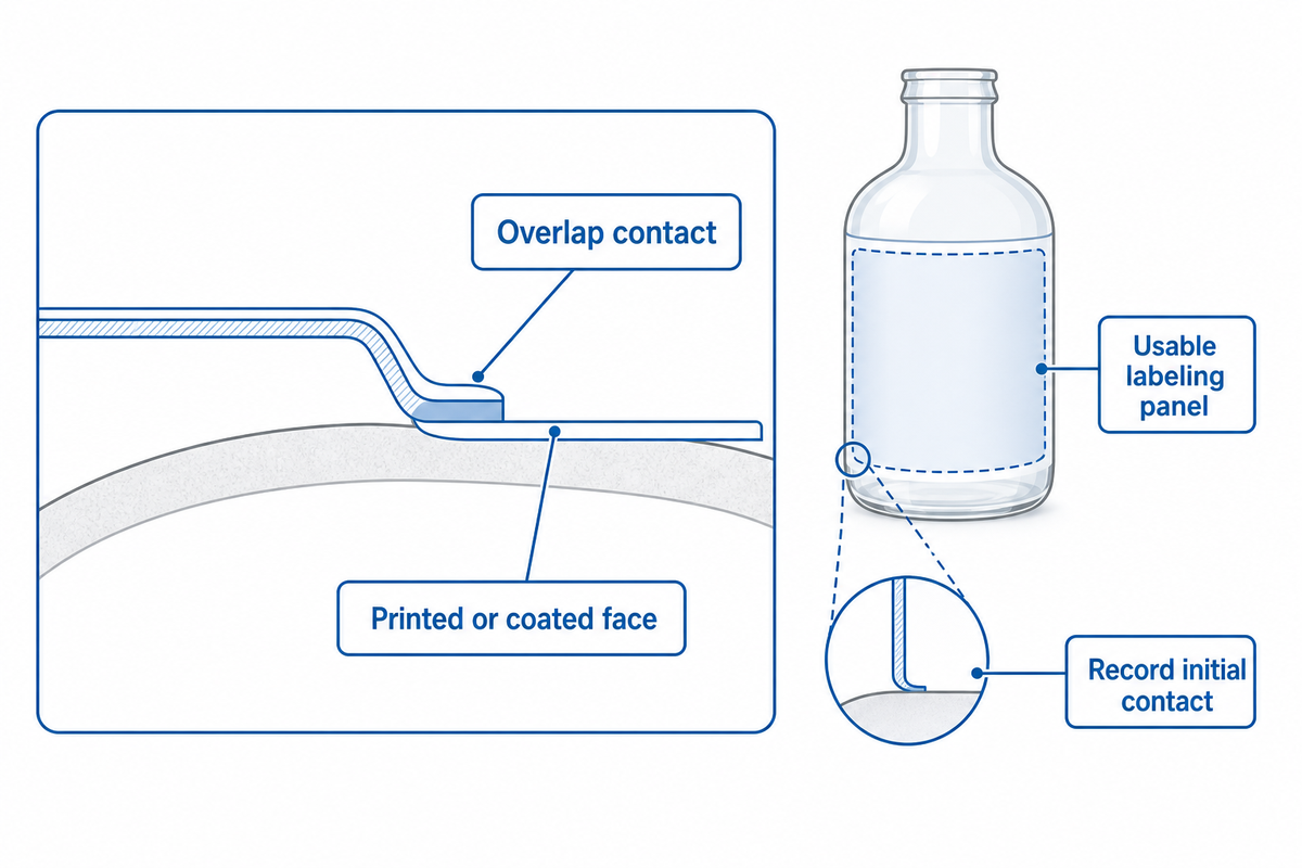 An overlap bonds to the printed or coated label face; test that interface and document initial contact.