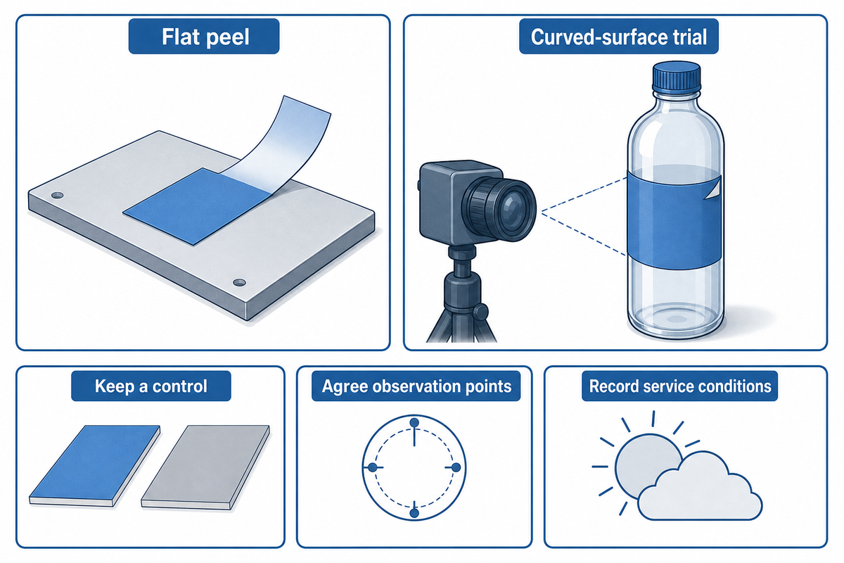 ASTM and FINAT distinguish peel measurements from curved performance; agree conditions and retain a control.