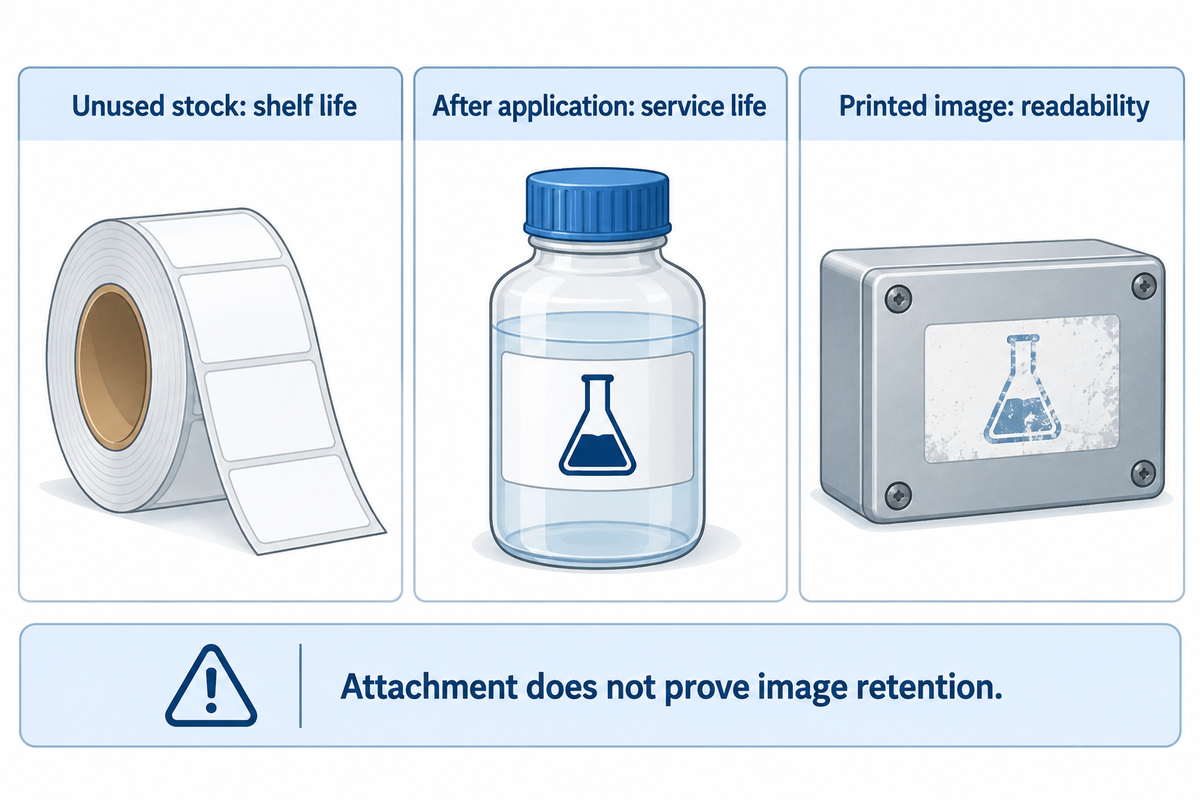 Unused stock shelf life, applied label service life and printed-image readability are separate requirements.