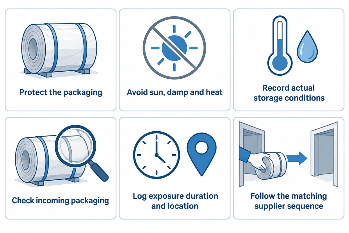Storage records should cover packaging, actual conditions, exposure history and the correct supplier conditioning sequence.