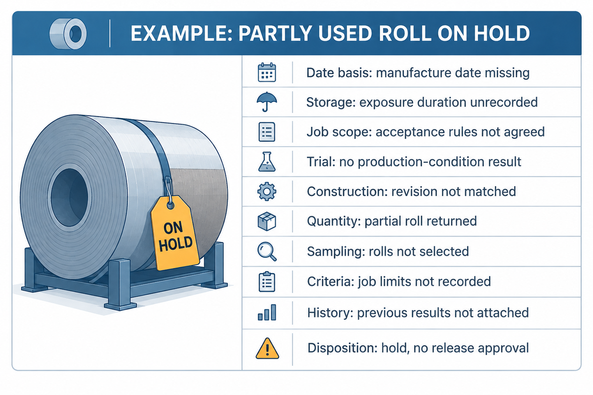 Filled hypothetical batch record shows ten unresolved fields and a hold decision for a partly used label roll.