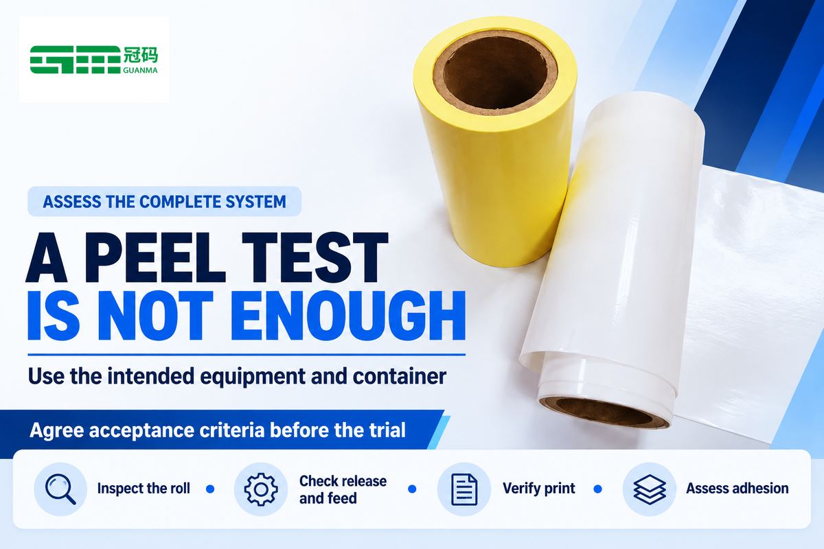 Inspect the roll and evaluate release, feeding, printing and adhesion under agreed job-specific acceptance criteria.