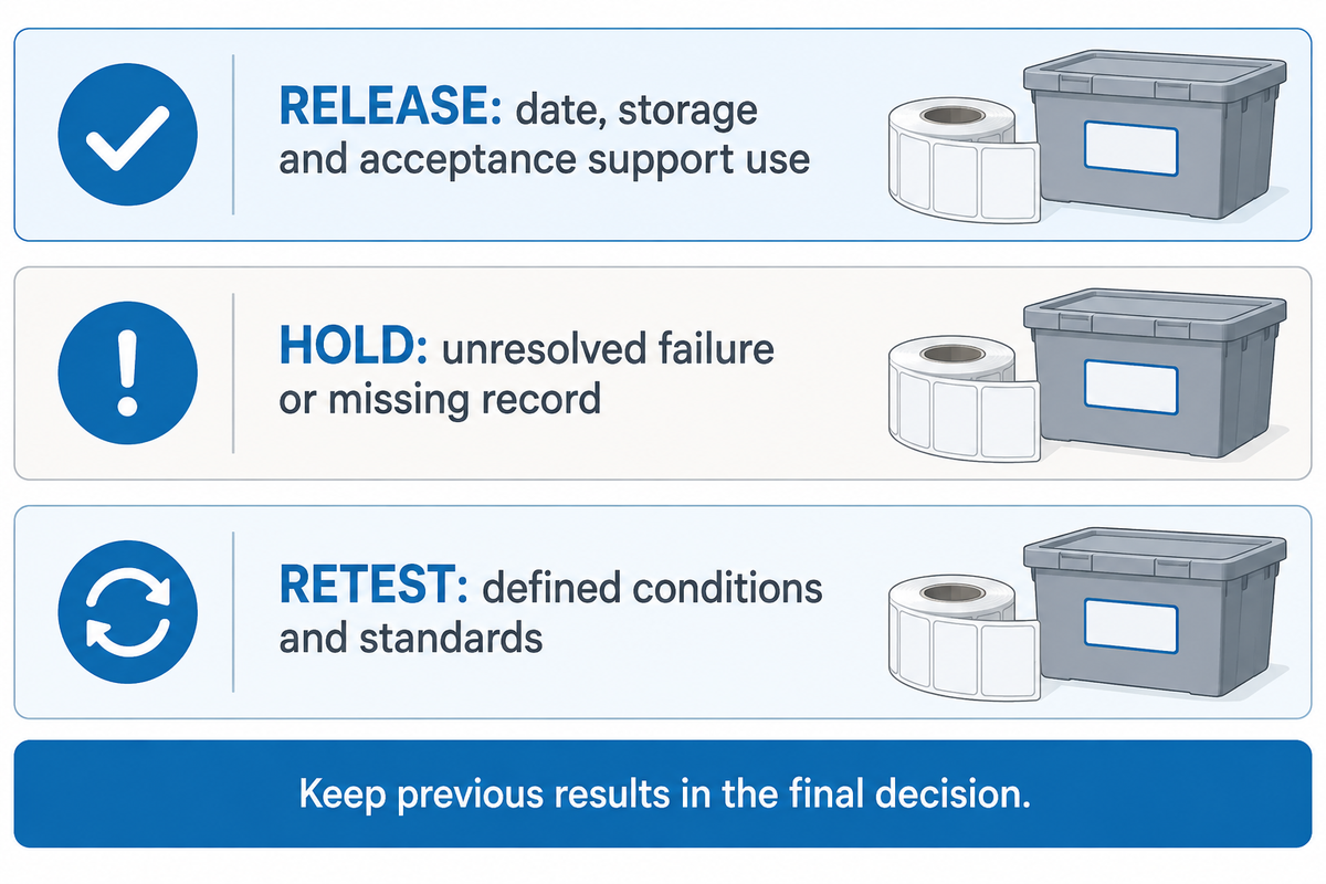 Release requires complete evidence, missing records require hold, and planned retesting must preserve earlier results.