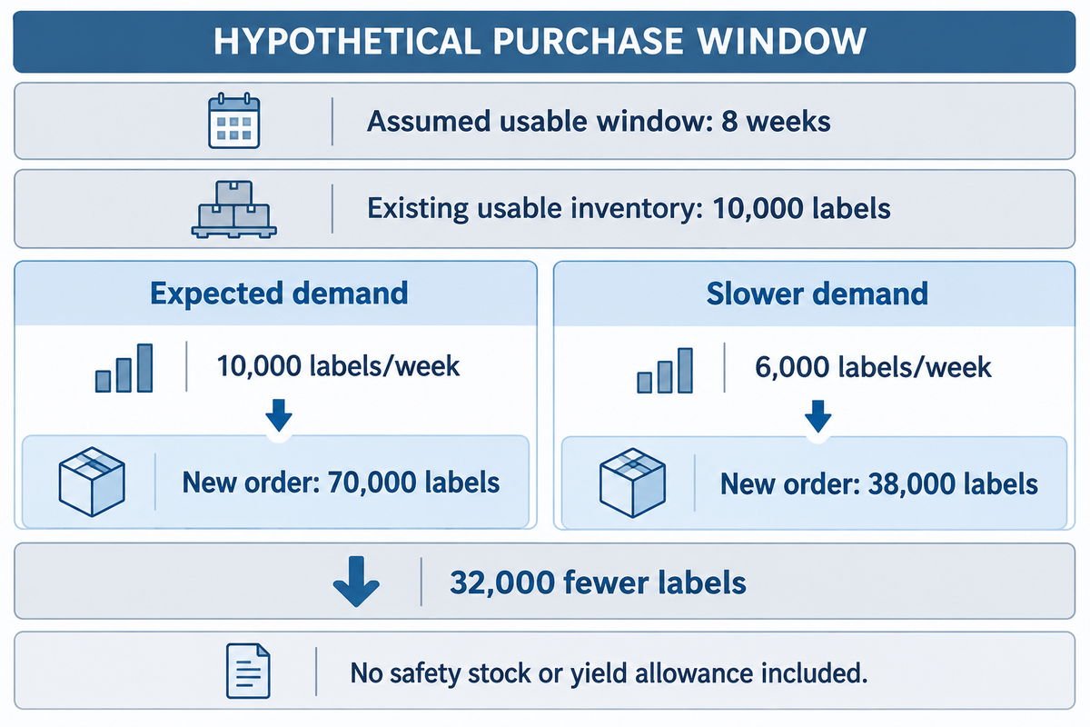 Hypothetical eight-week usable window yields an order of 70000 or 38000 labels as weekly demand changes from 10000 to 6000.