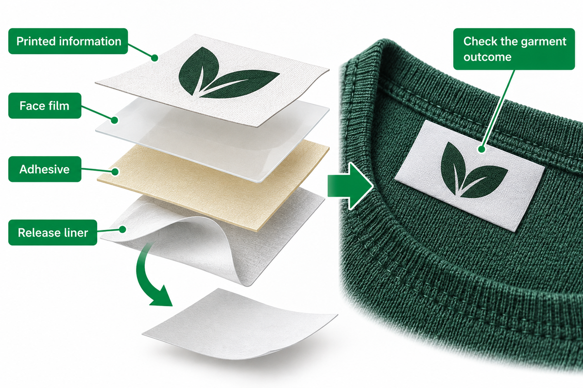 Label layers show print, face film, adhesive and release liner beside a garment swatch.