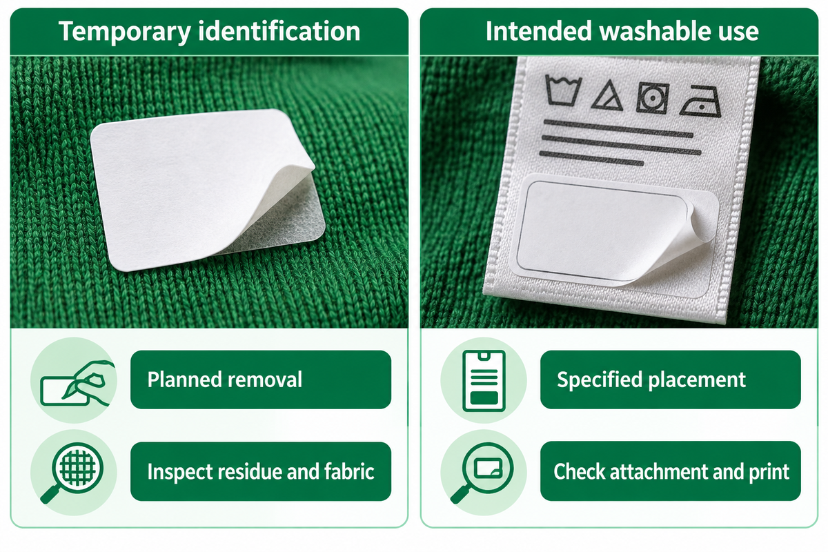 Temporary garment identification compared with washable identification and their different checks.