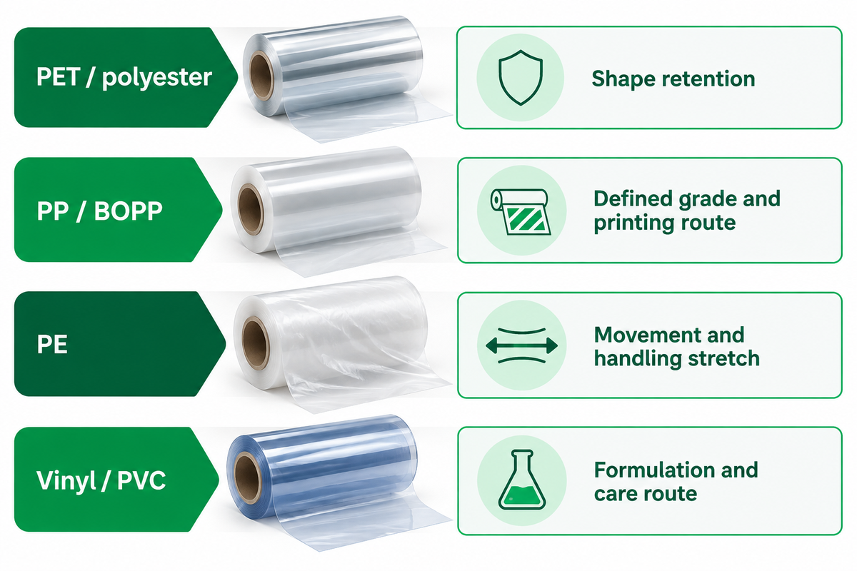 PET, PP, PE and vinyl film candidates paired with the properties to screen.