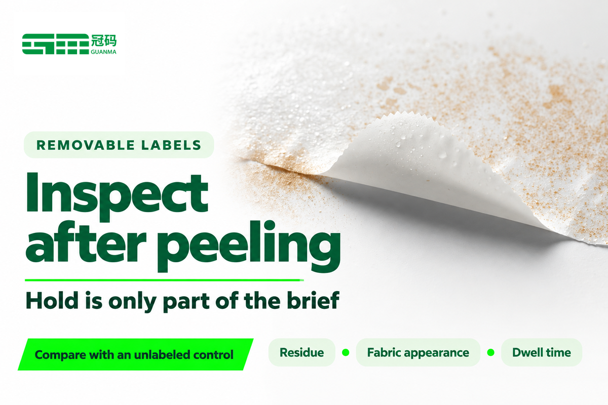 Peel and residue illustration highlighting removal inspection, fabric appearance and dwell time.