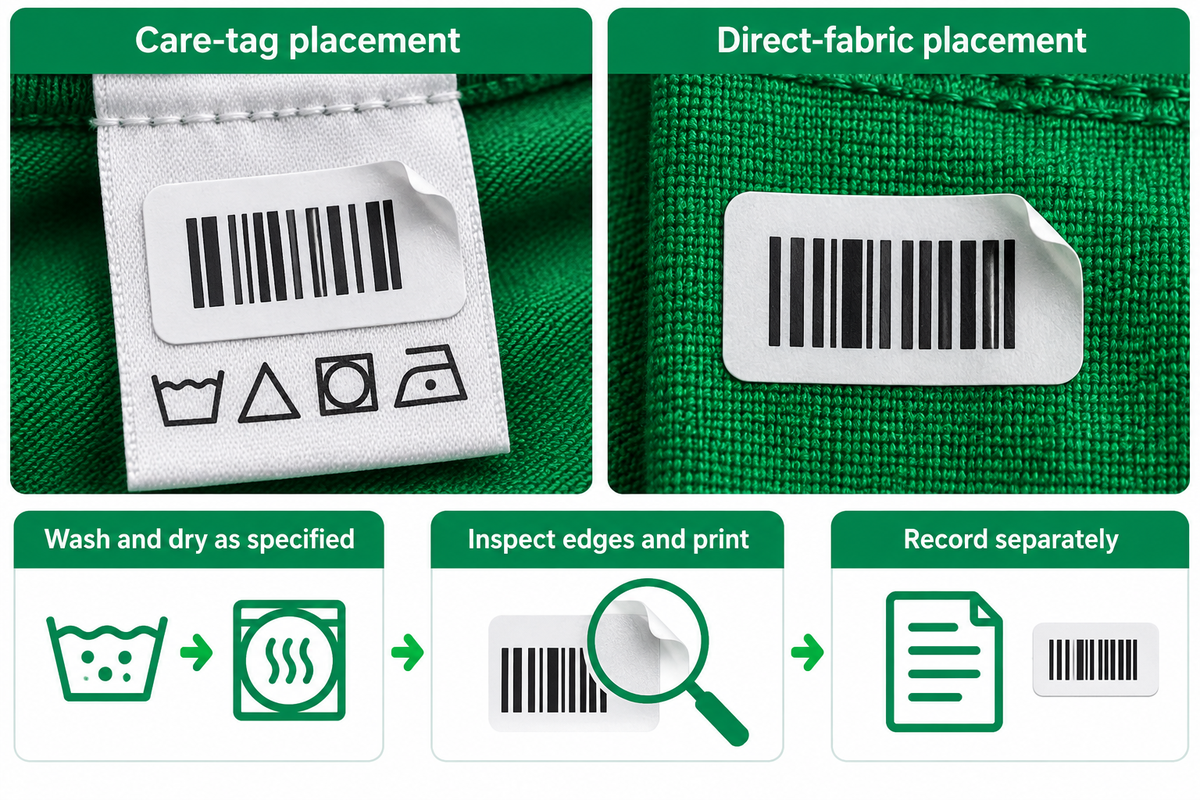 Care-tag and direct-fabric trials recorded separately, then checked after washing and drying.