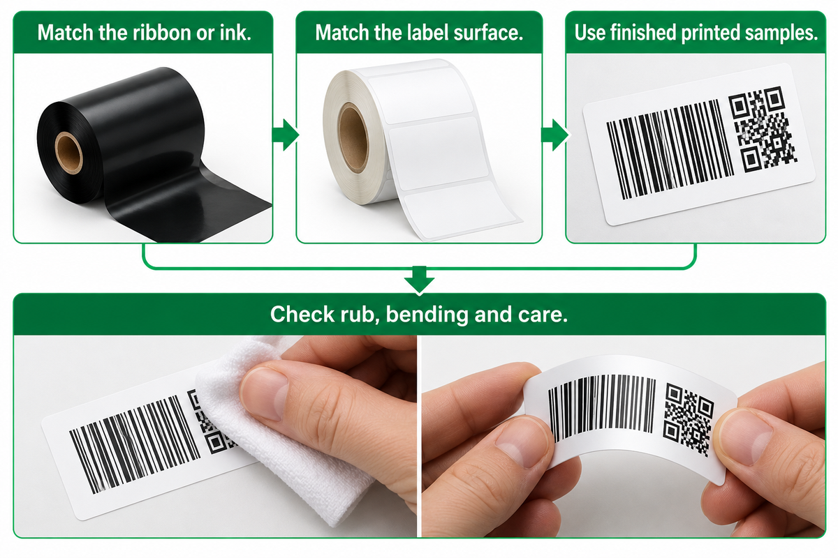 Printing compatibility chain from surface and ink or ribbon to finished-label durability checks.