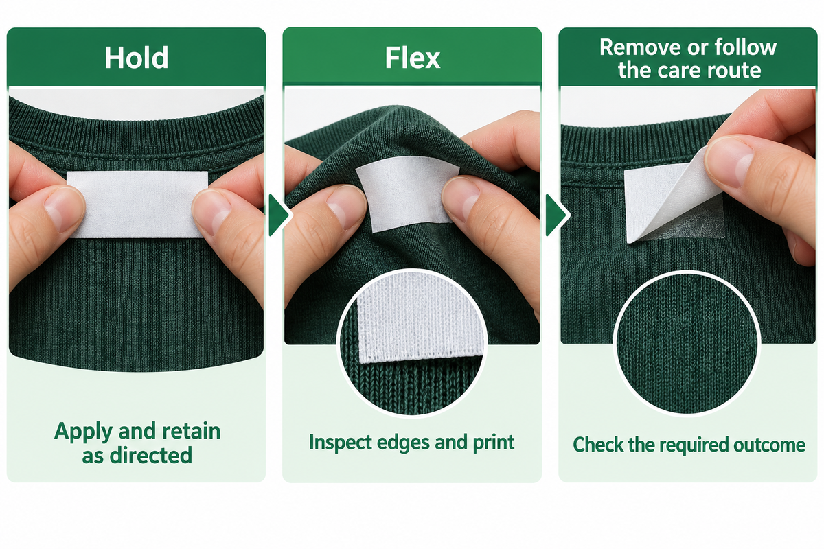 Hold-Flex-Remove garment sample sequence with placement, movement and final-outcome checks.