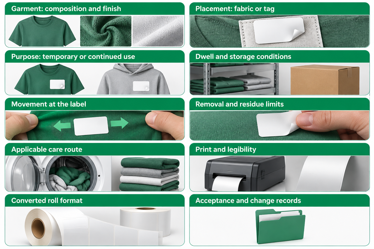 Ten-field fabric-label sample brief covering the garment, placement, use, print and acceptance.