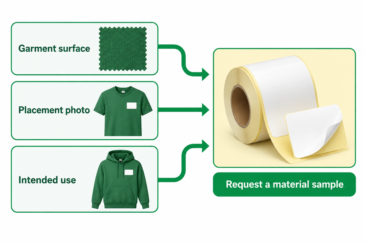 Garment surface, placement photo and intended use form a practical material sample request.