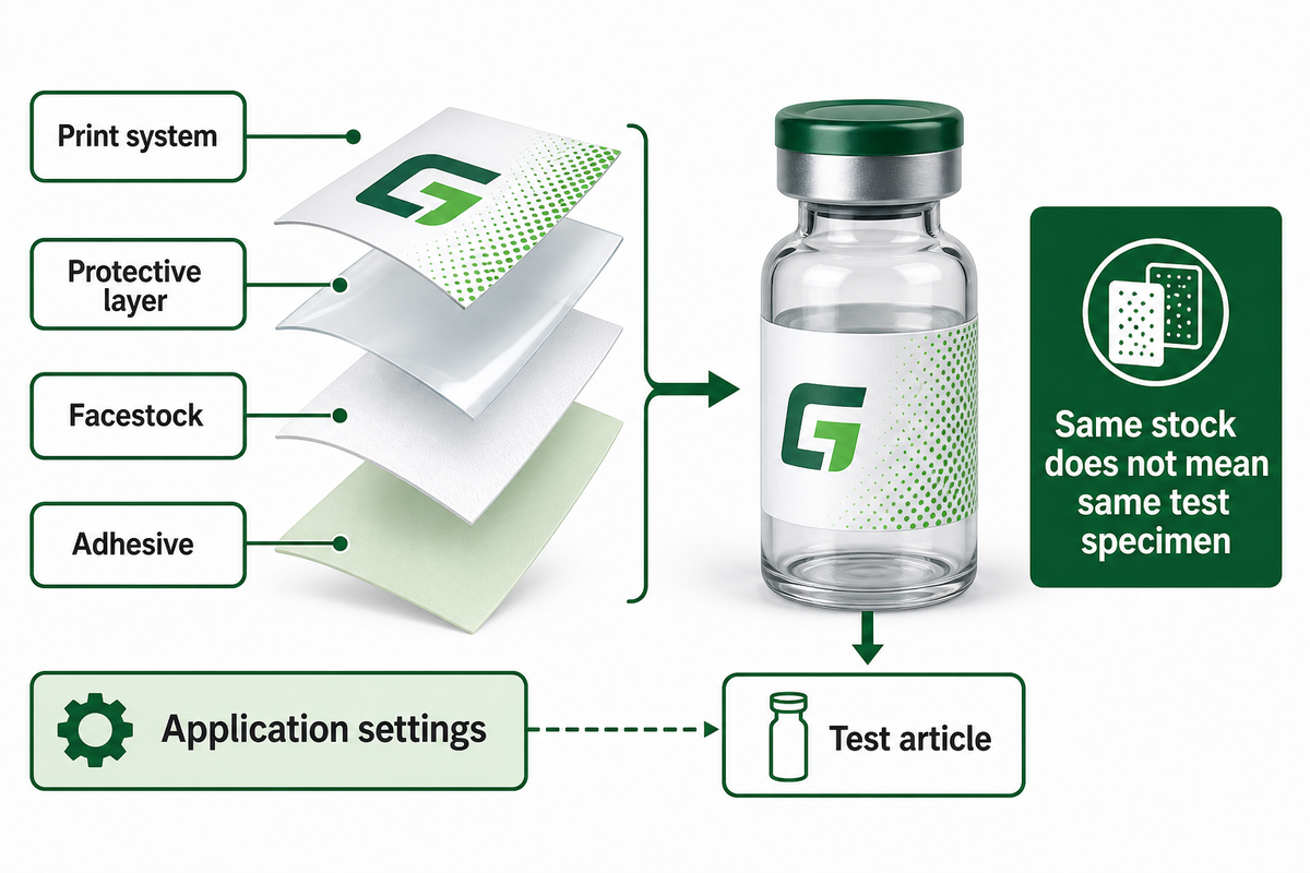 A label test needs a printed construction, container surface and application identity.