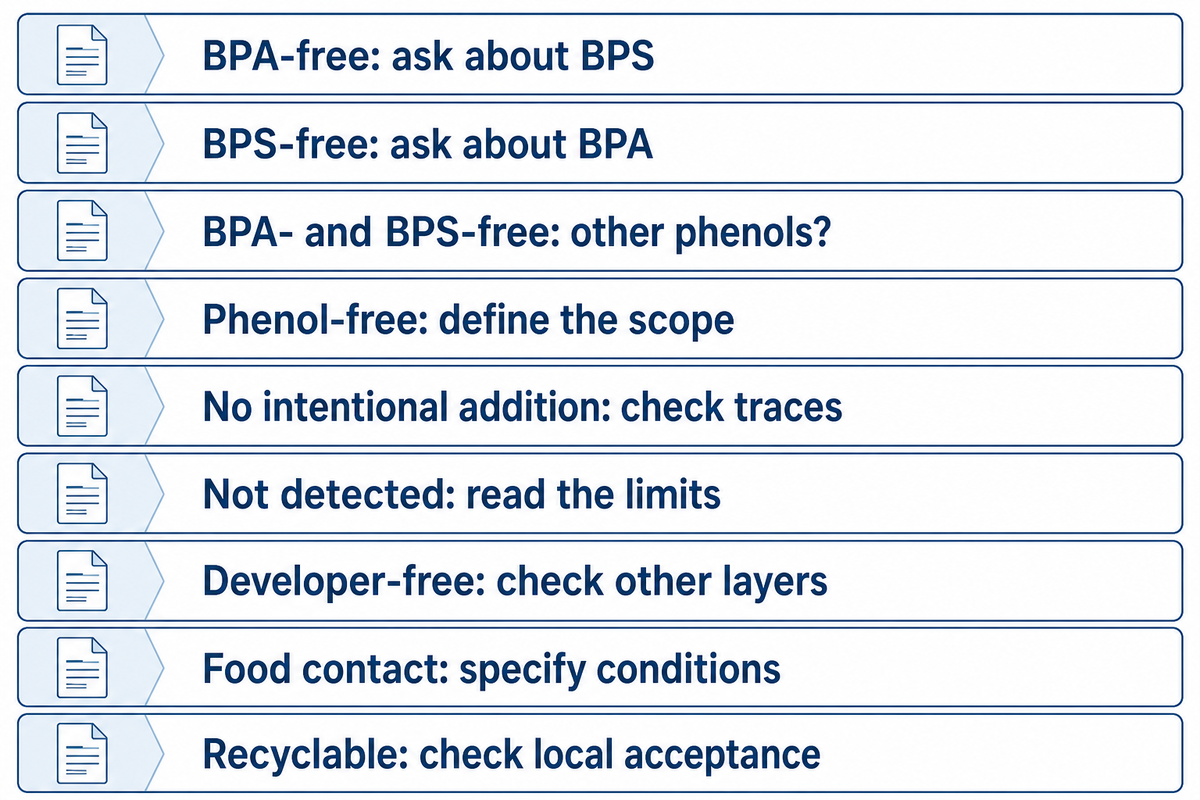 Nine claim types lead to different evidence requests; BPA-free alone does not establish BPS absence, per MPCA.