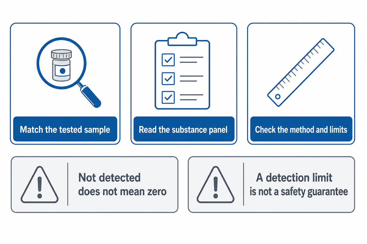 Non-detect is method-dependent; a detection limit does not establish product safety, per Illinois EPA.