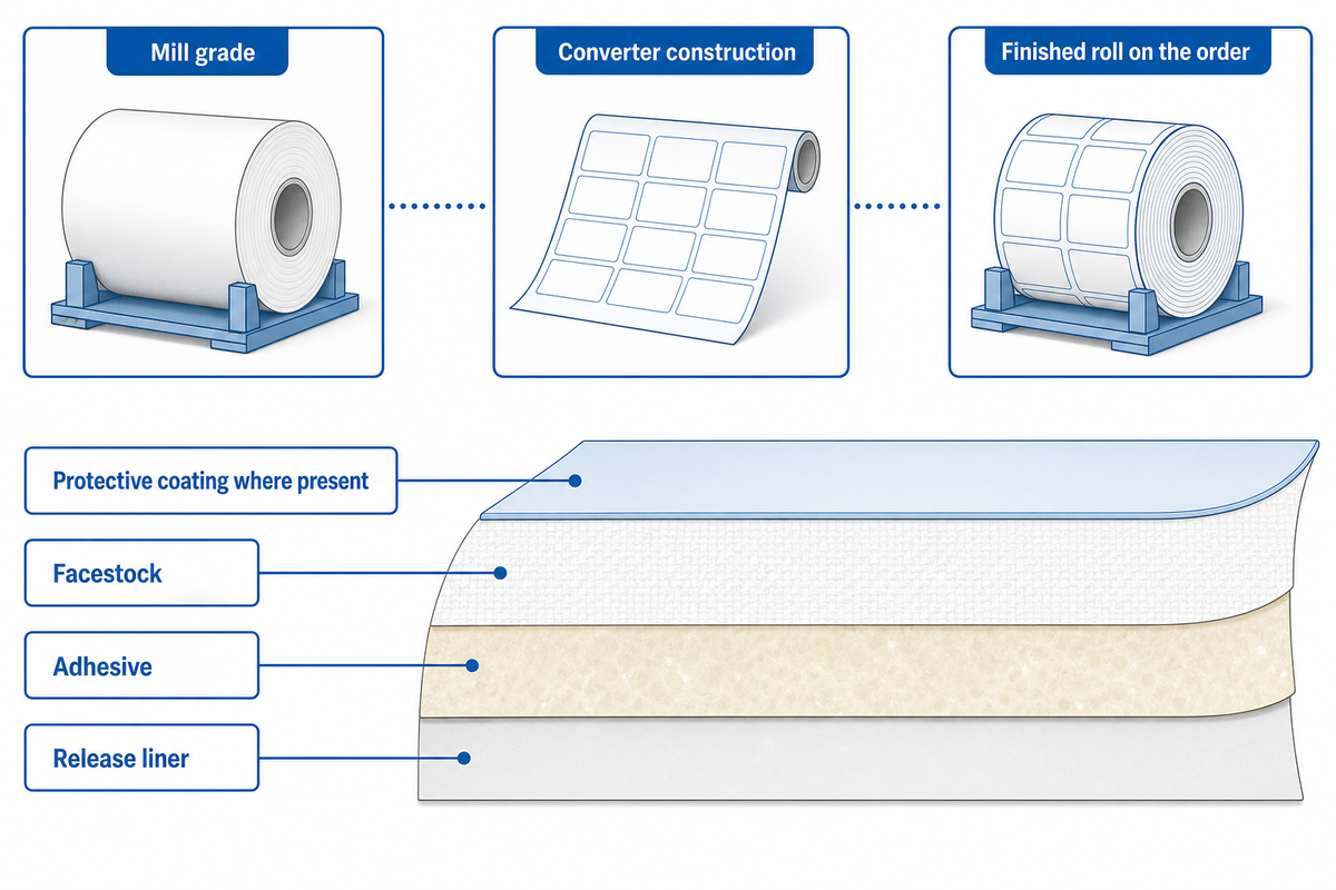 Link mill grade, converter construction and ordered roll; changing the adhesive can require renewed qualification.