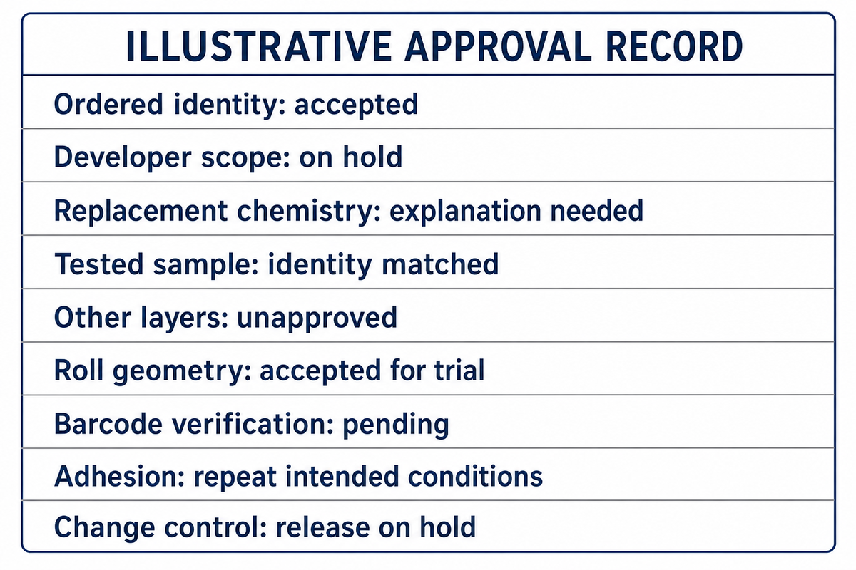 Illustrative approval record keeps chemical scope, barcode verification and changed-use adhesion unresolved until evidenced.