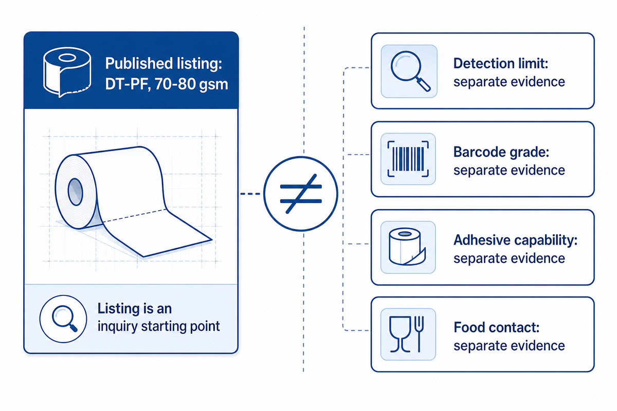 Guanma lists DT-PF at 70-80 gsm; that grammage does not establish detection limits, adhesion or food-contact approval.