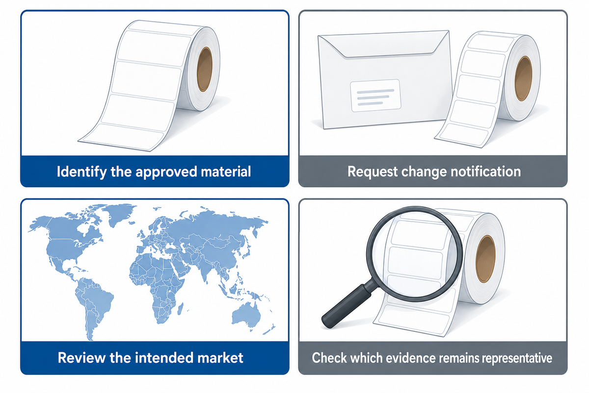 A changed material or intended market requires renewed review of which declarations and trials remain representative.