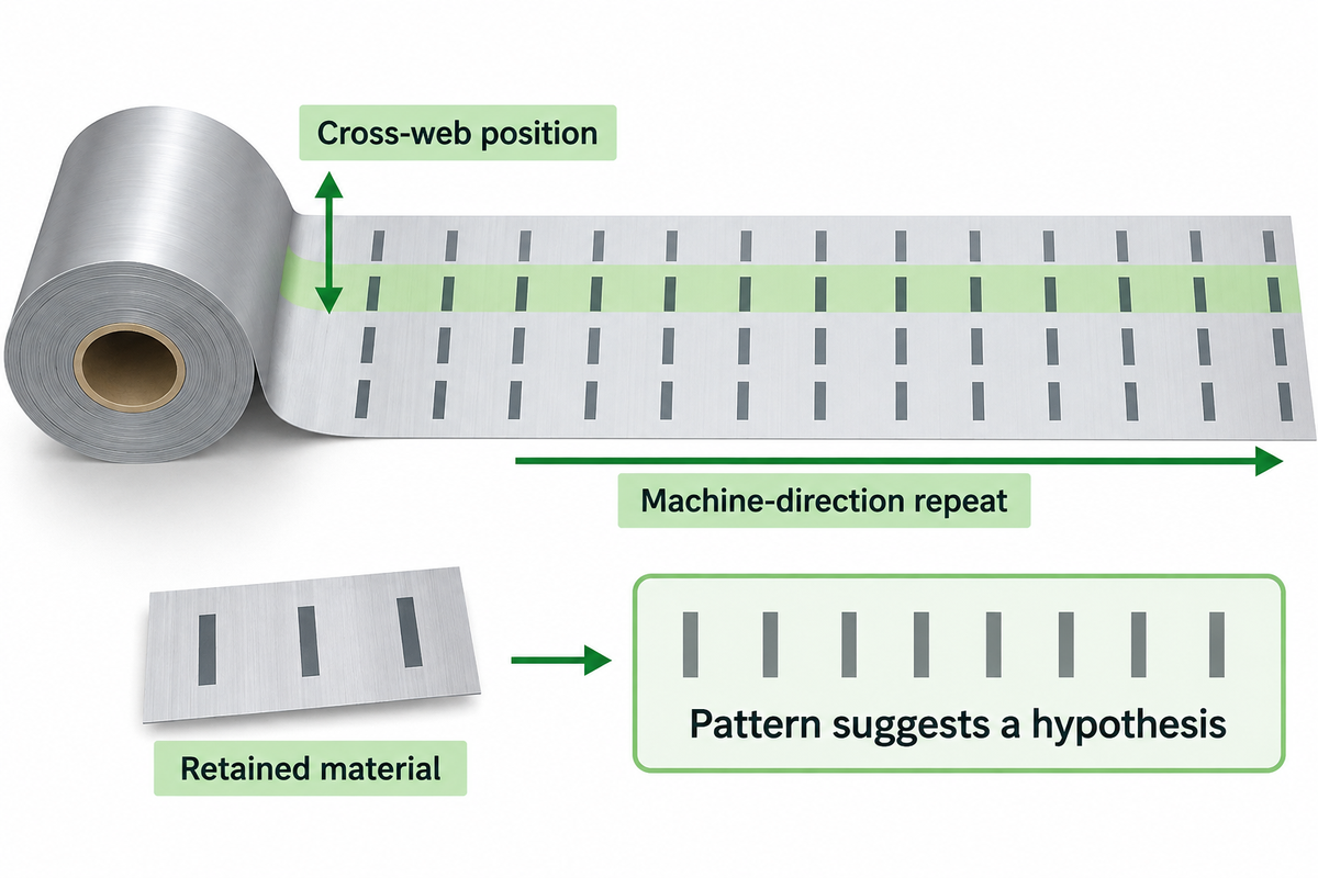 Ubique el defecto a lo ancho del material y su repetición en la dirección de la máquina; los patrones orientan las hipótesis, pero no demuestran la causa raíz (alcance de ASTM).