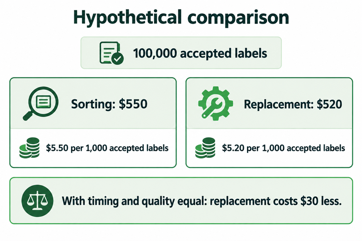 Comparación hipotética con calidad equivalente: $550 para clasificar frente a $520 para reemplazar, por 100,000 etiquetas aceptadas (ejemplo del artículo).