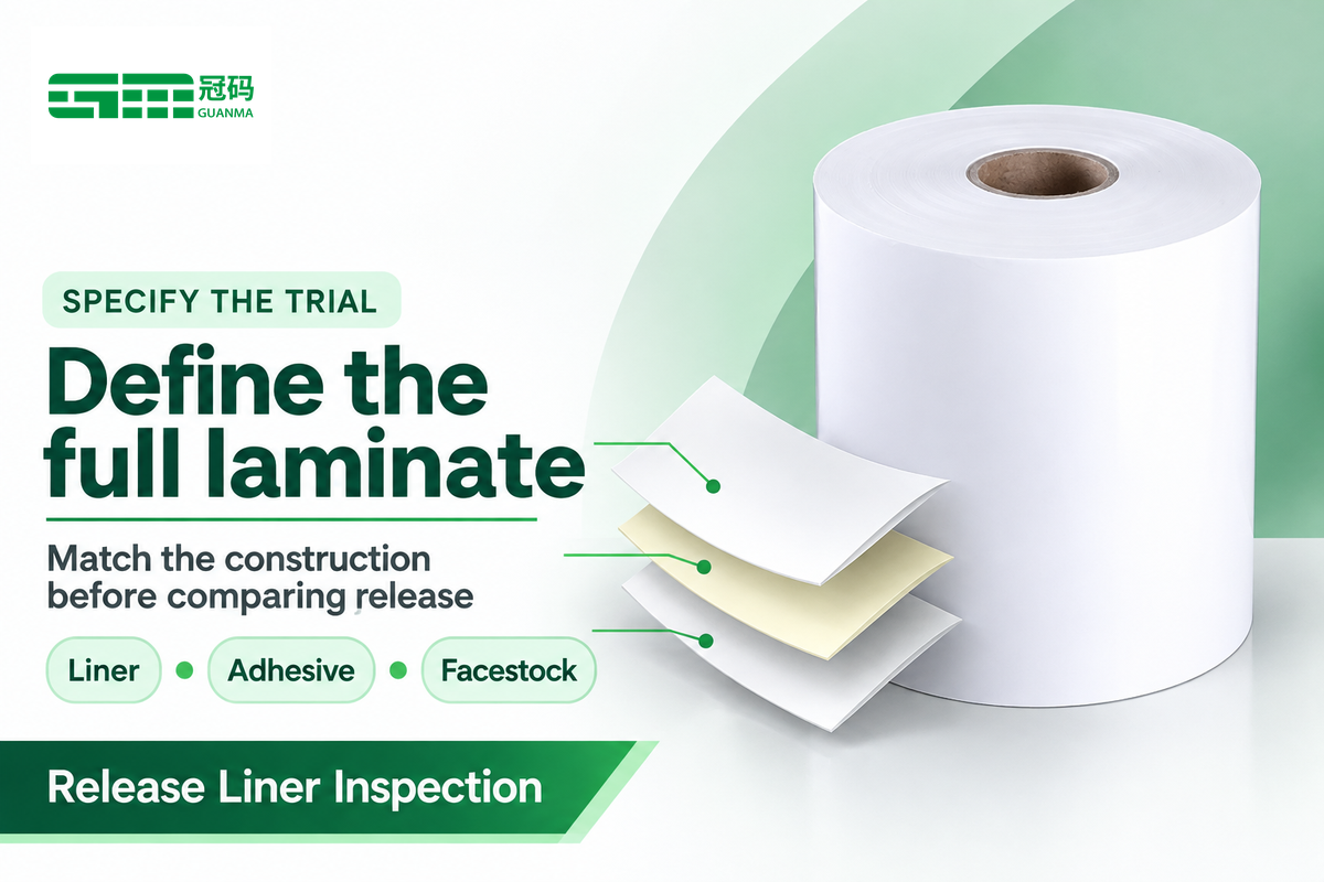 Defina juntos el liner, el adhesivo y el material frontal para reproducir el laminado previsto en una prueba (registro del rollo de prueba del artículo).