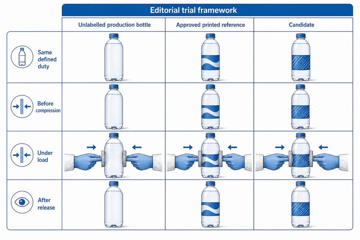Compare unlabelled control, approved reference and one-variable candidate; editorial trial framework.