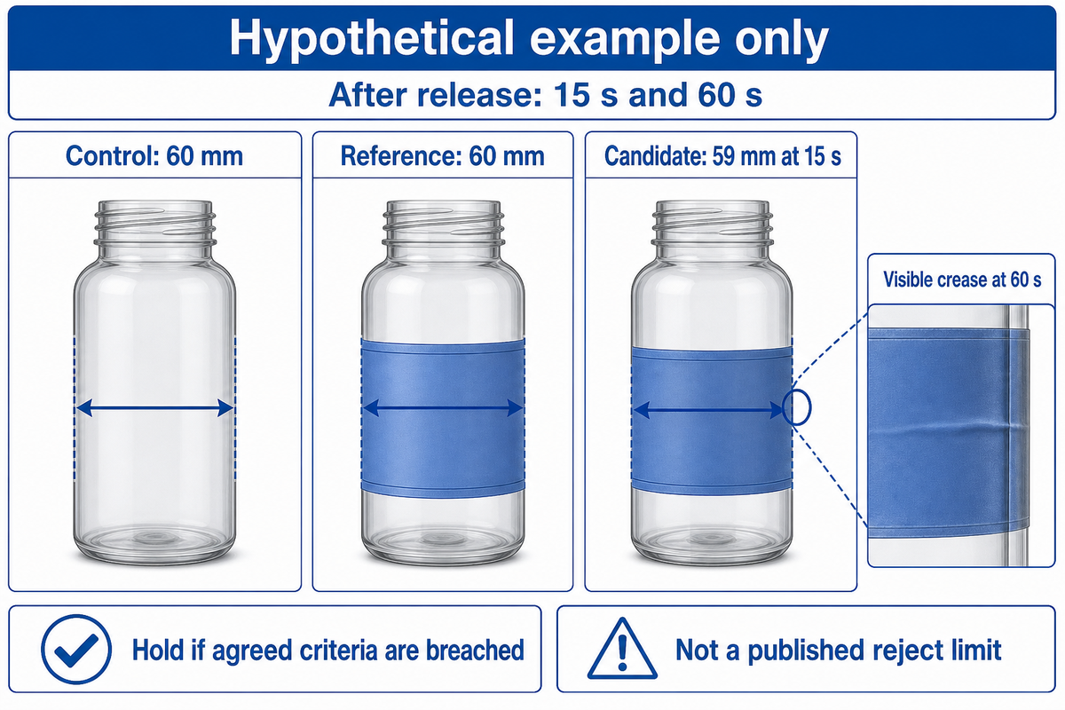 Hypothetical: control/reference 60 mm; candidate 59 mm at 15 s, crease at 60 s; editorial example.