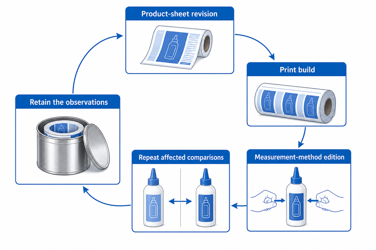 Check product-sheet, print and method revisions before reusing a squeeze-label approval.